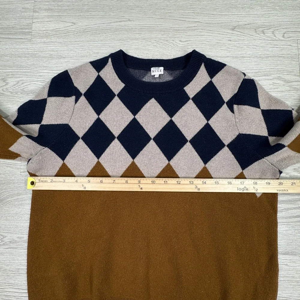 Kule Mens Sweater Argyle Crewneck Brown Navy Blue‎ Medium Wool Cashmere Blend